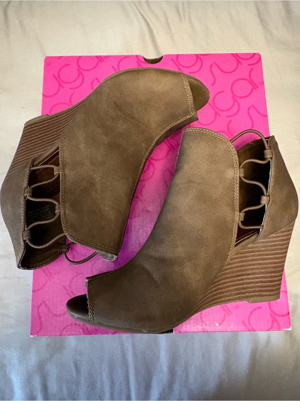 Sugar Brown Suede Peep-Toe Wedge Booties